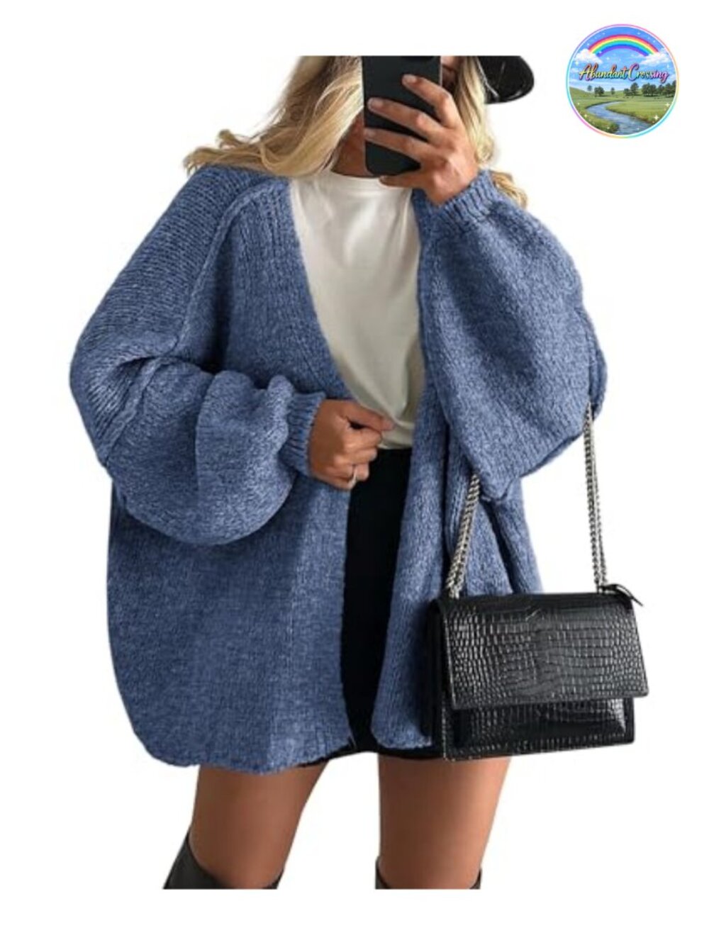 Oversized Open Front Cardigan Sweater with Lantern Sleeves for Women